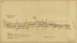 214269 Plattegrond van de Nieuwegracht te Utrecht; met weergave van de percelen (ged.) met werfkelders, huis- en ...